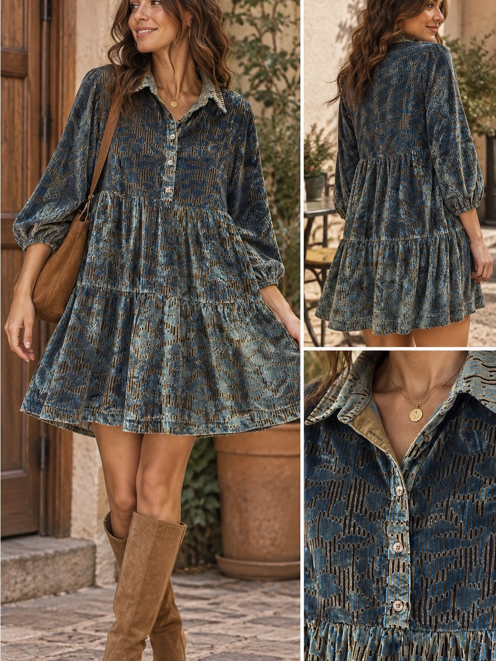 Maeve Anthropologie Velvet Burnout Tiered Shirt Dress Blue Gold